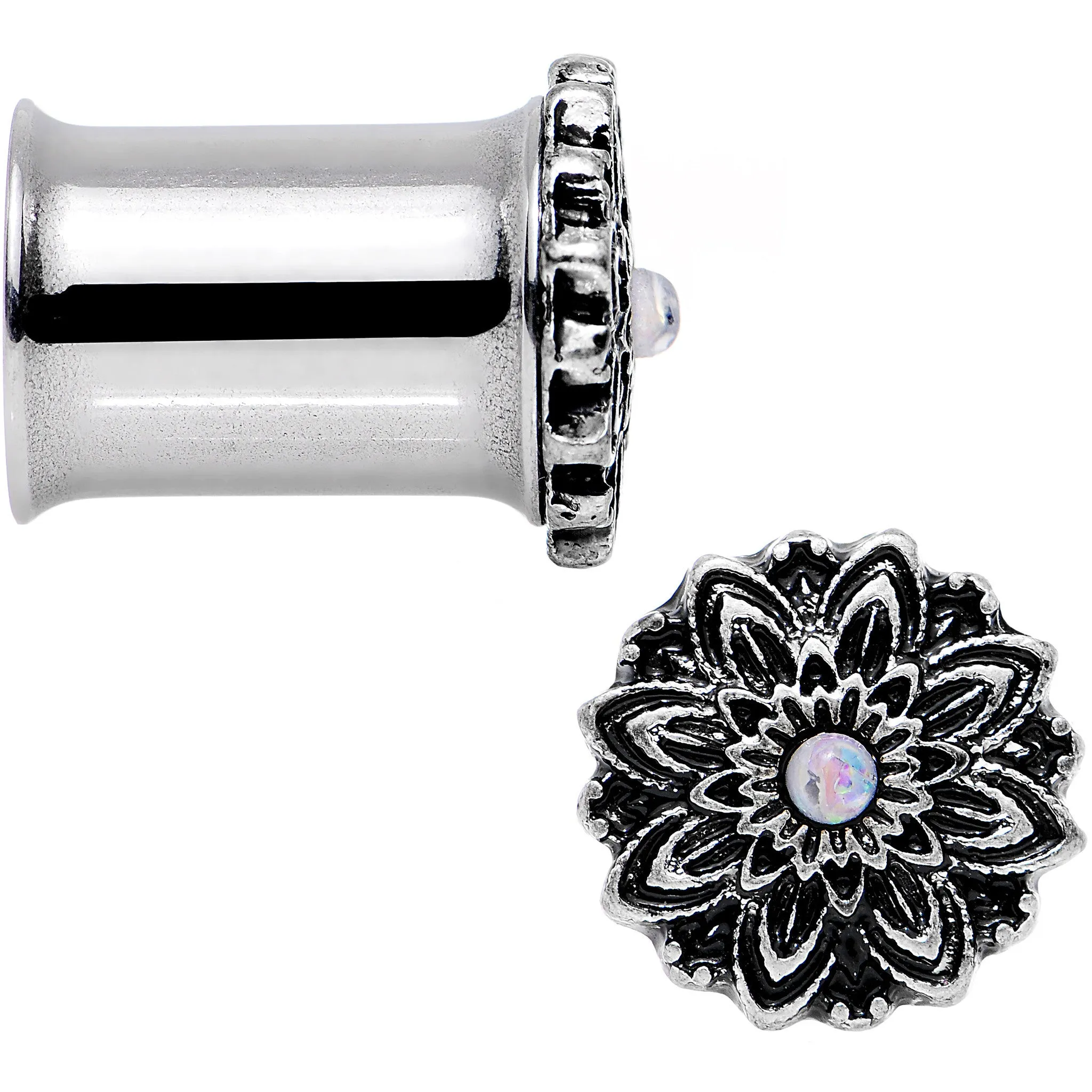 0 Gauge White Synthetic Opal Steel Flower Frame Double Flare Plug Set