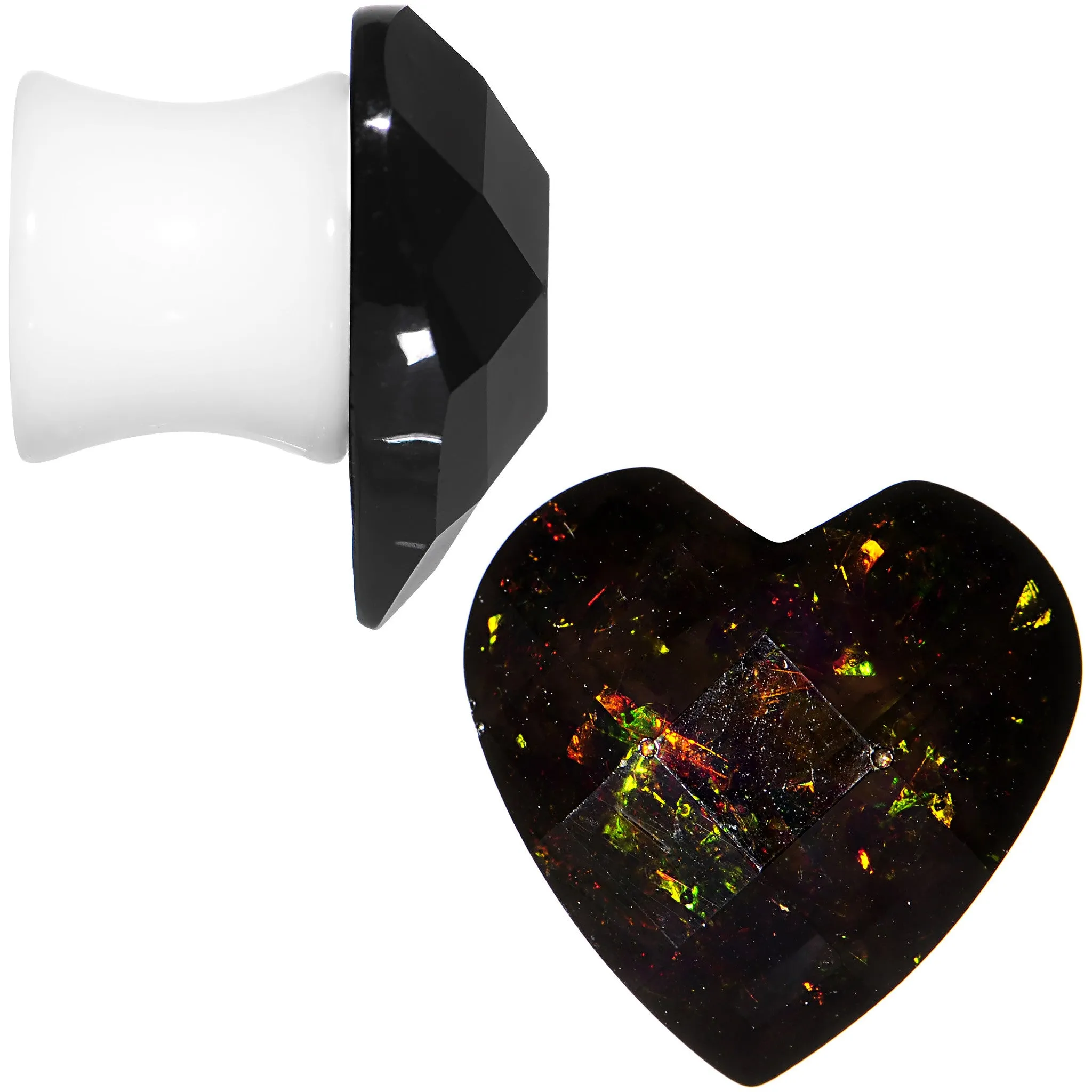 00 Gauge White Acrylic Black Valentine Love Heart Saddle Plug Set