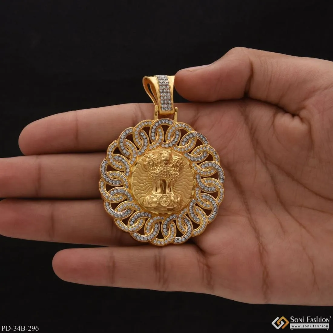 1 Gram Gold Forming Mudra with Diamond Fashionable Design Pendant - Style B296