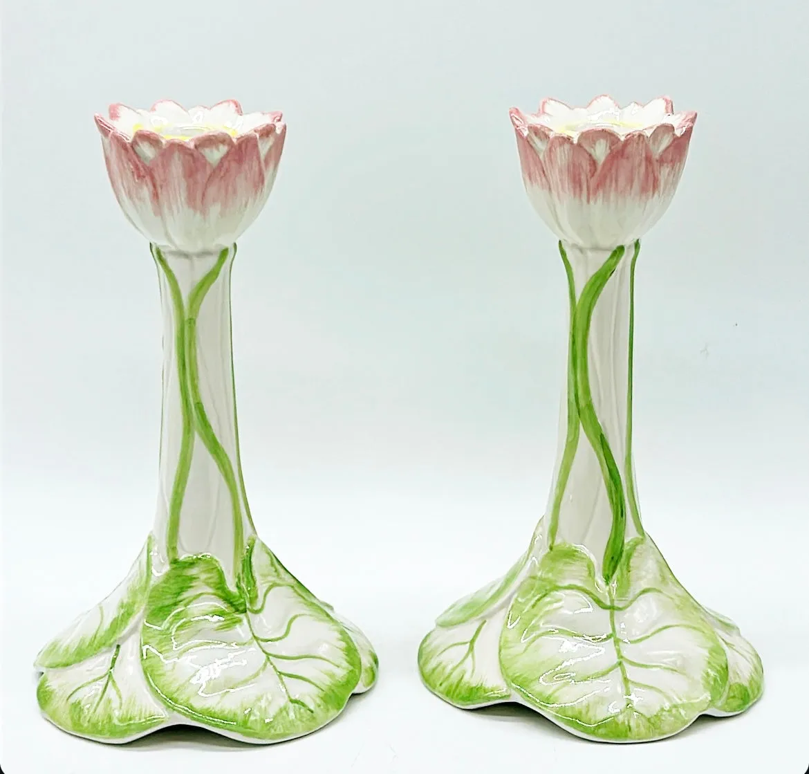 1980s rare Italian stamped pink blooming lilly pad style designed candleholders.