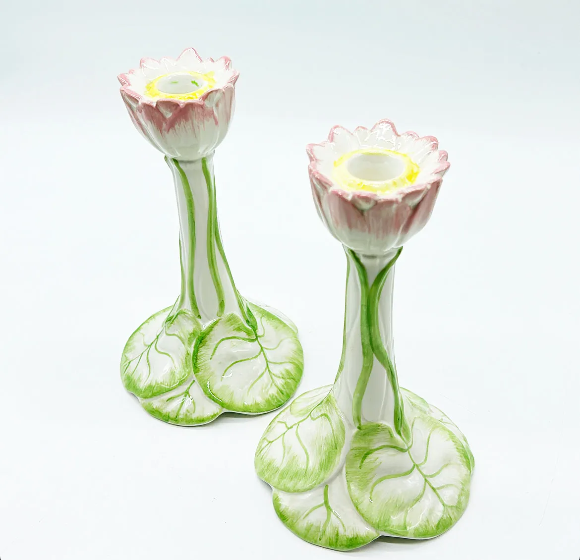1980s rare Italian stamped pink blooming lilly pad style designed candleholders.