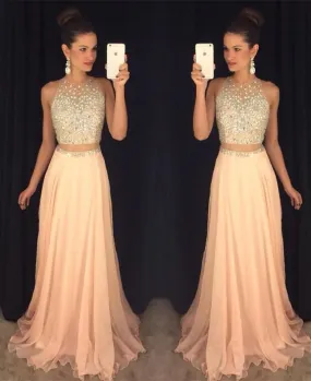 2 piece prom dresses long beaded o neck sparkly champagne a line prom gown vestido de fiesta