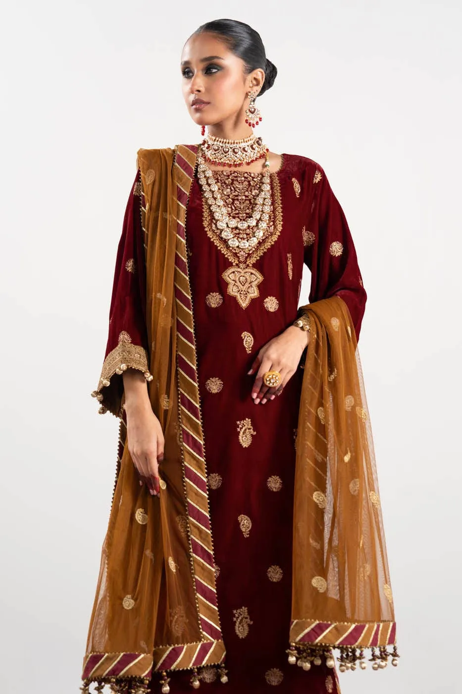 3 Pc Embroidered Velvet Suit With Poly Net Dupatta