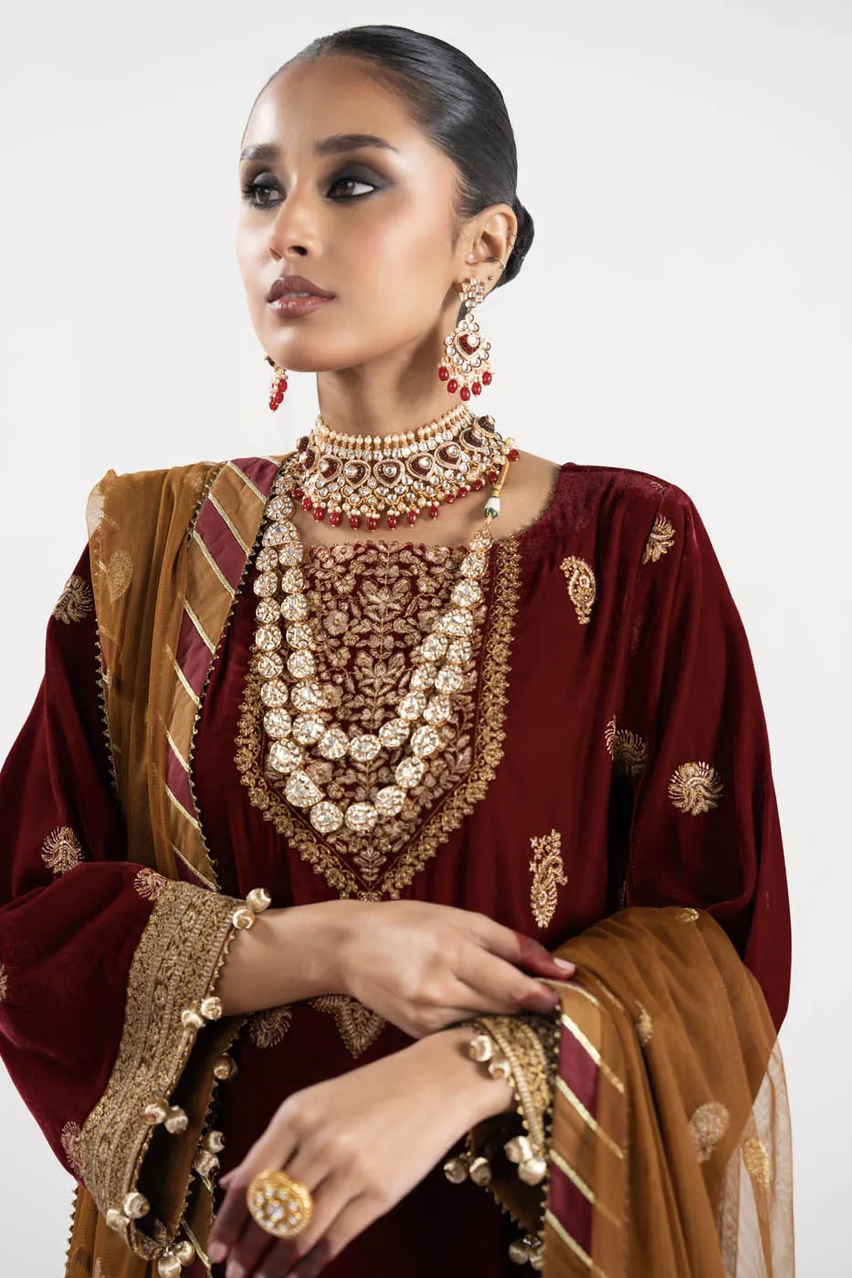3 Pc Embroidered Velvet Suit With Poly Net Dupatta