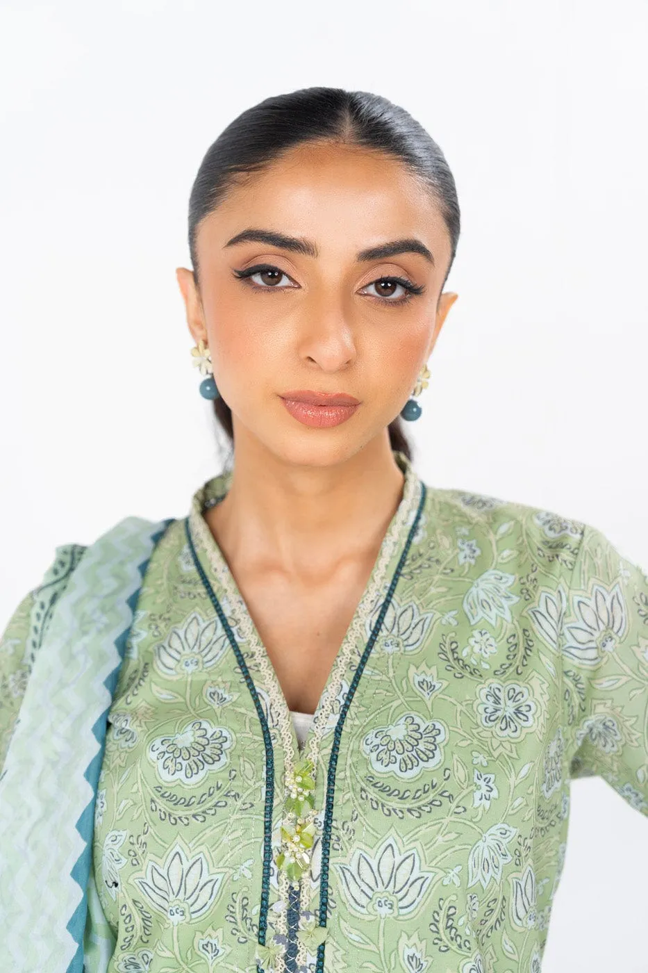 3 Pc Printed Cambric Suit With Printed Tissue Silk Dupatta
