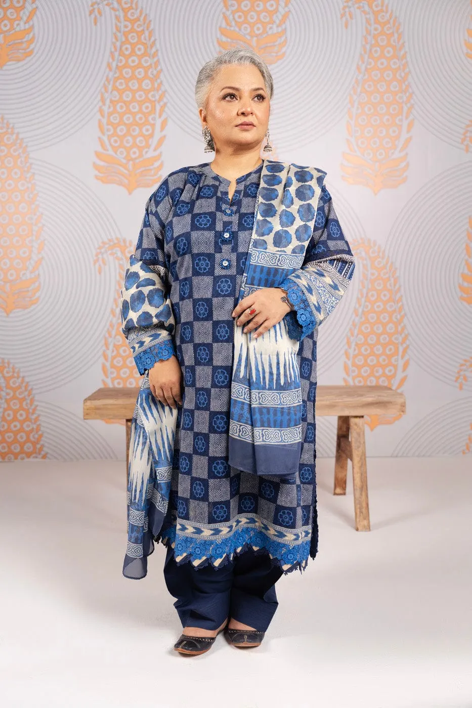 3 Pc Printed Dobby Lawn Suit With printed Tissue Silk Dupatta
