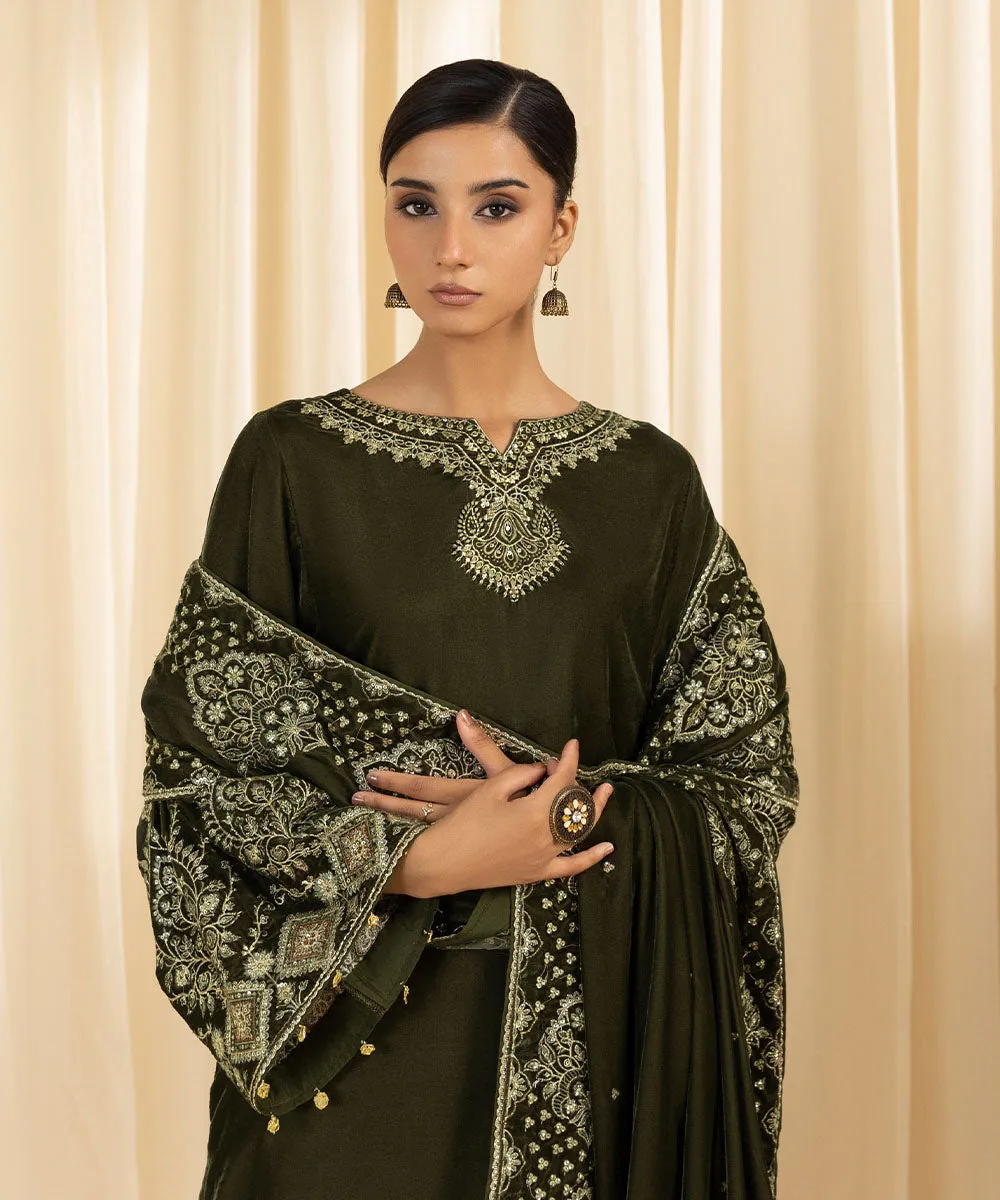 3 Piece -  Embroidered Velvet Suit