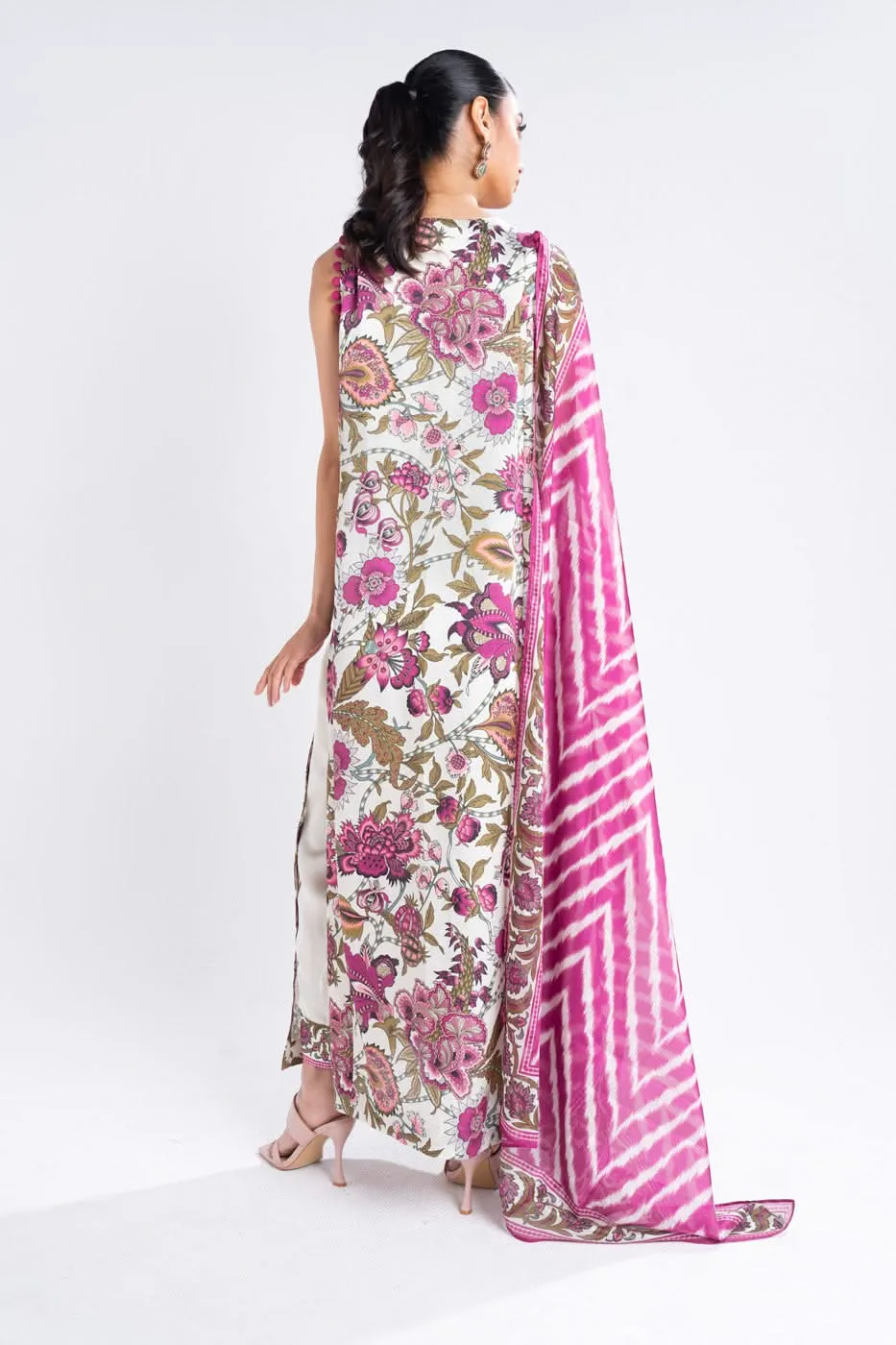 3 Piece Printed Chamois Silk Suit With Printed Tissue Silk Dupatta