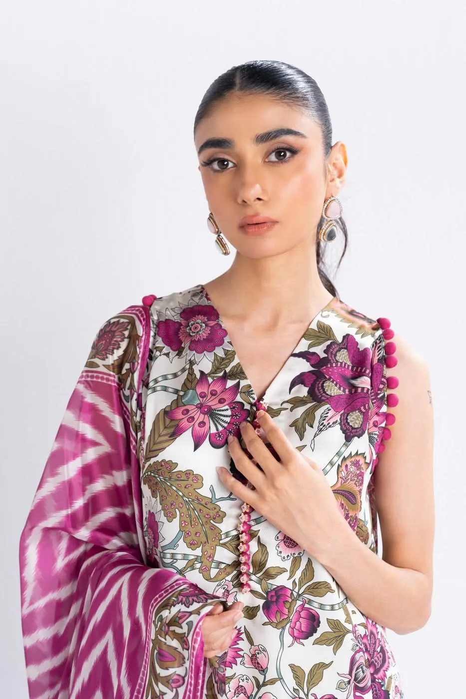 3 Piece Printed Chamois Silk Suit With Printed Tissue Silk Dupatta