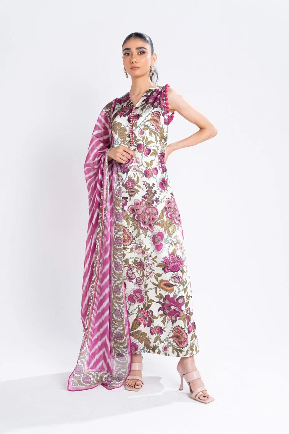 3 Piece Printed Chamois Silk Suit With Printed Tissue Silk Dupatta