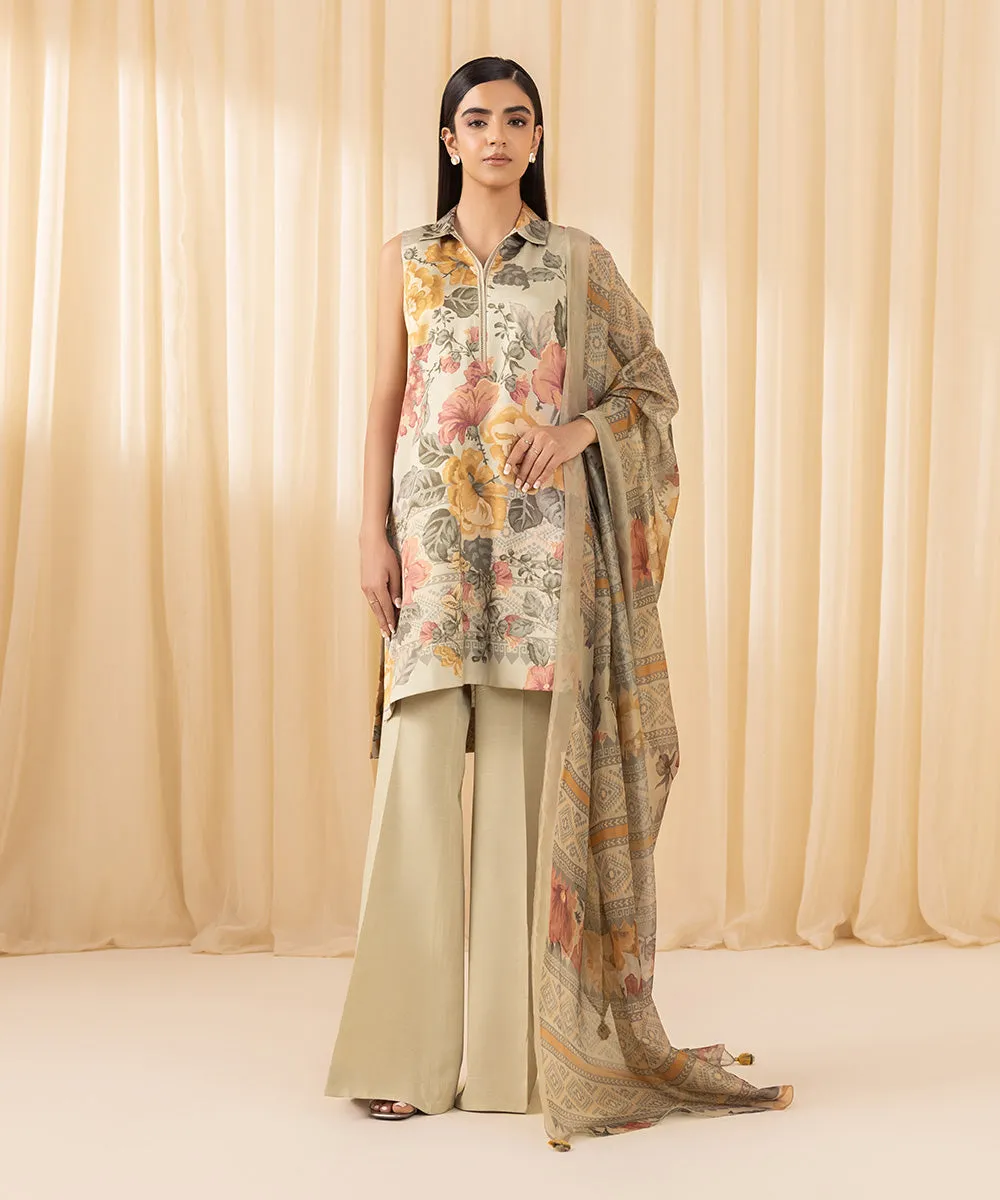 3 Piece -  Printed Satin Suit