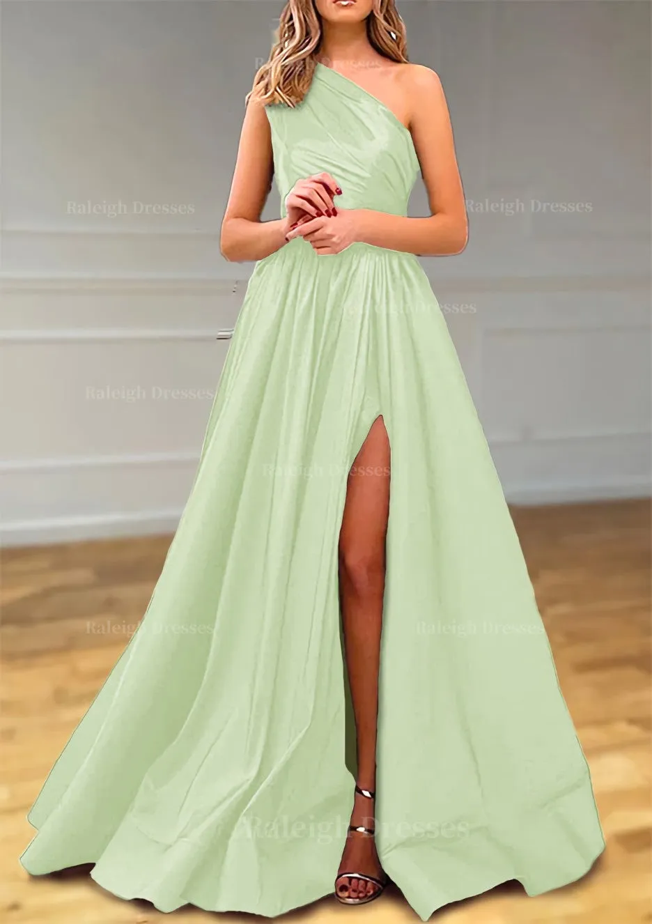 A-line One-Shoulder Satin Prom Dress With Pleated Split