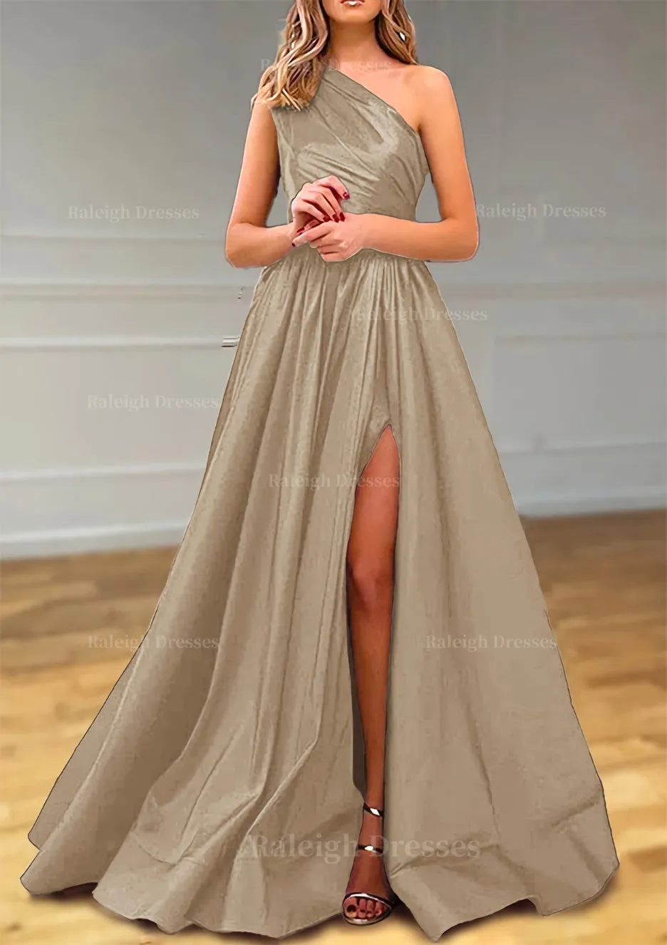 A-line One-Shoulder Satin Prom Dress With Pleated Split