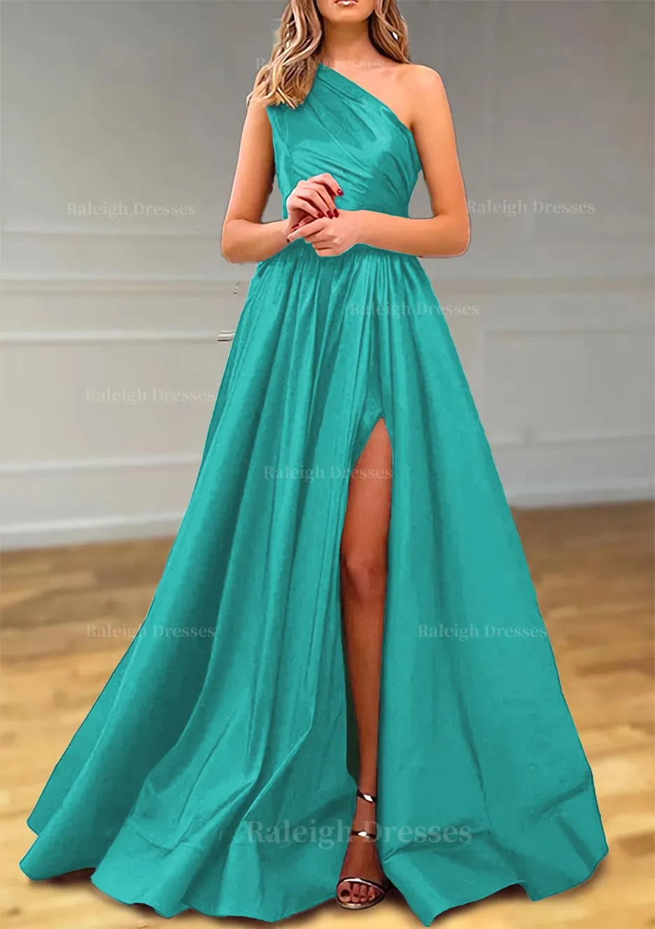 A-line One-Shoulder Satin Prom Dress With Pleated Split