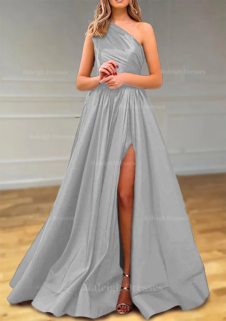 A-line One-Shoulder Satin Prom Dress With Pleated Split