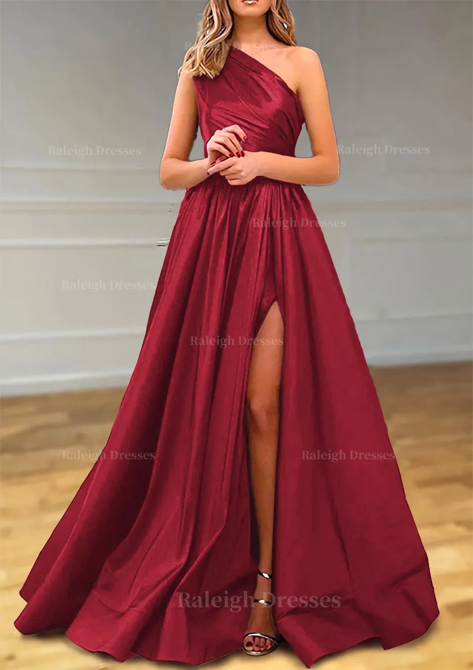 A-line One-Shoulder Satin Prom Dress With Pleated Split