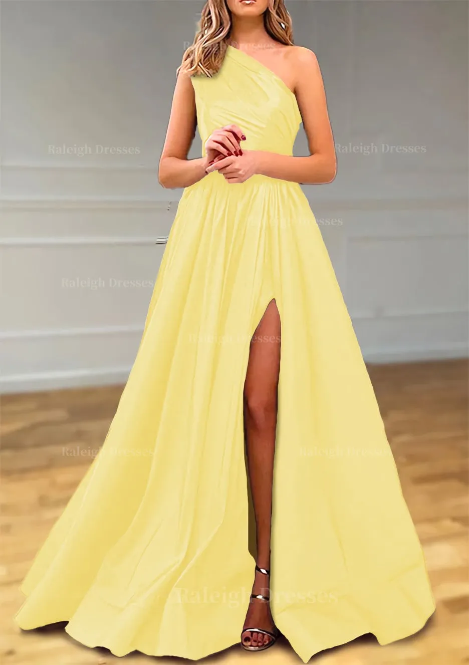 A-line One-Shoulder Satin Prom Dress With Pleated Split