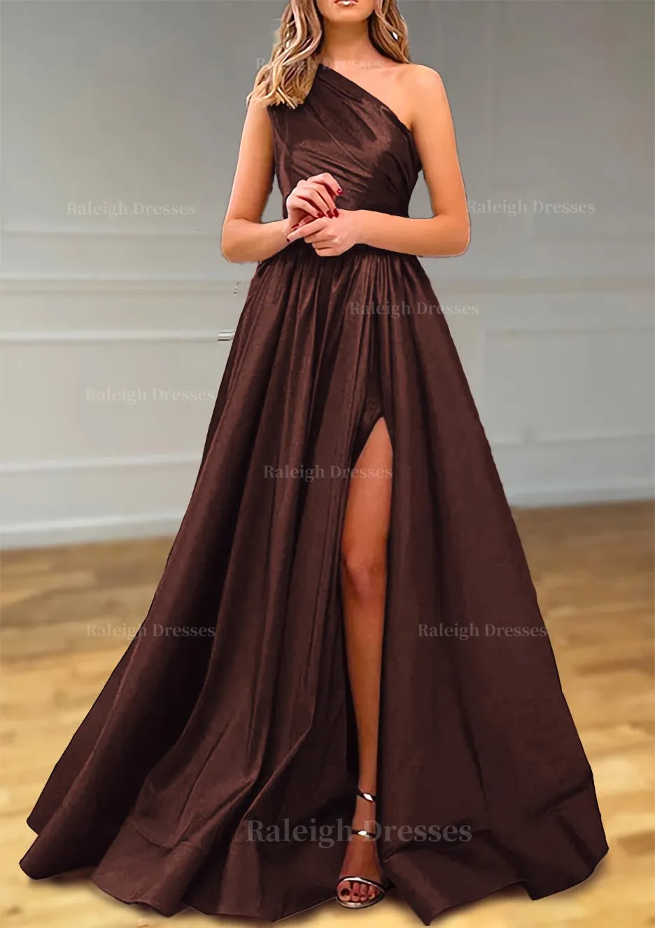A-line One-Shoulder Satin Prom Dress With Pleated Split