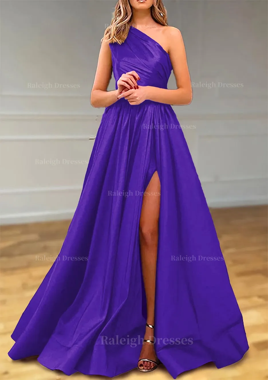 A-line One-Shoulder Satin Prom Dress With Pleated Split