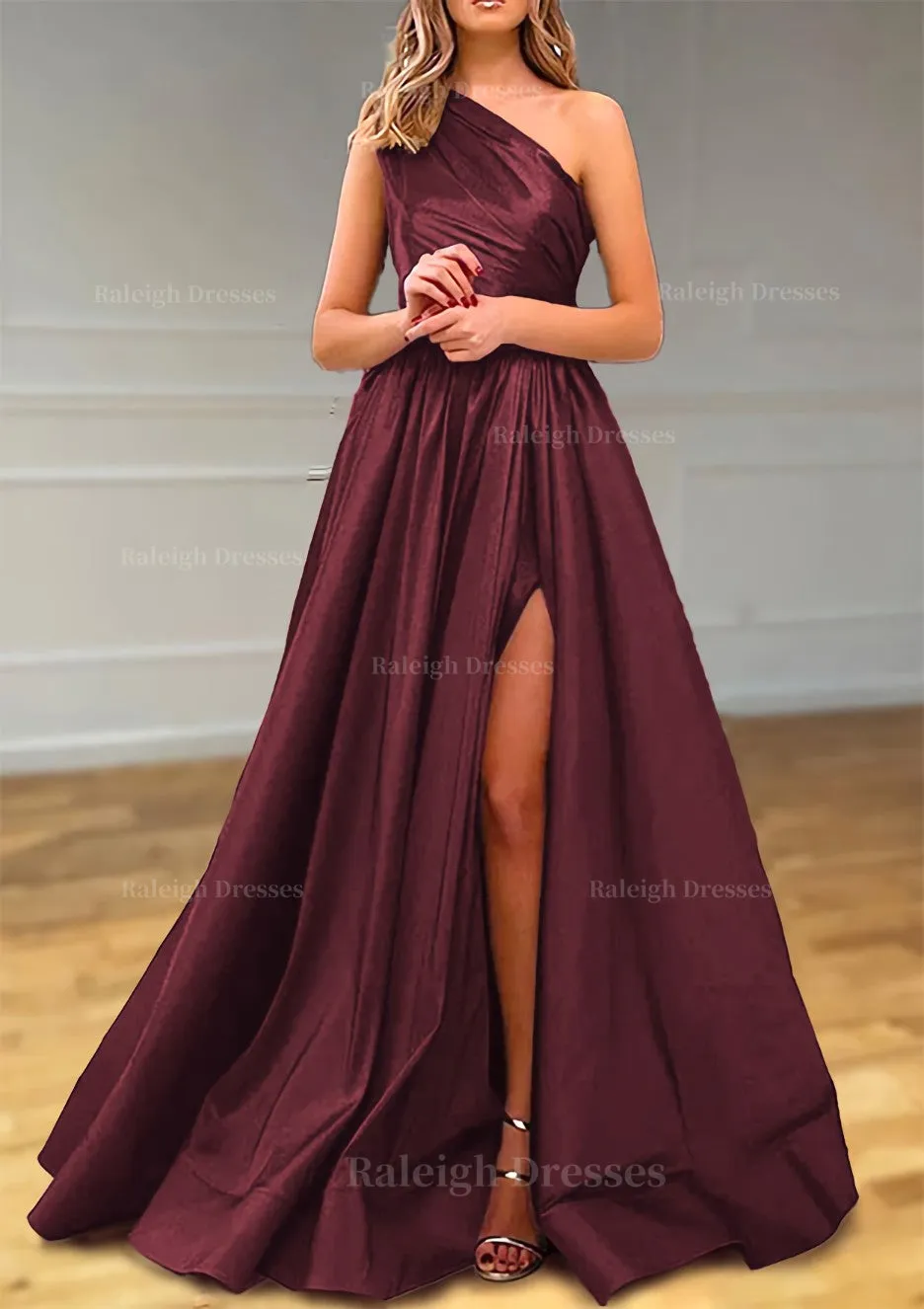 A-line One-Shoulder Satin Prom Dress With Pleated Split