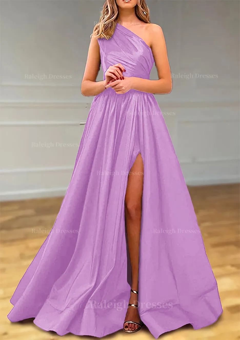 A-line One-Shoulder Satin Prom Dress With Pleated Split