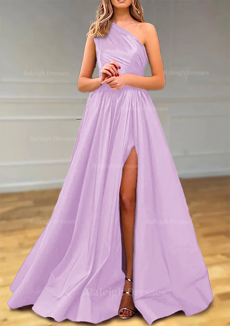 A-line One-Shoulder Satin Prom Dress With Pleated Split