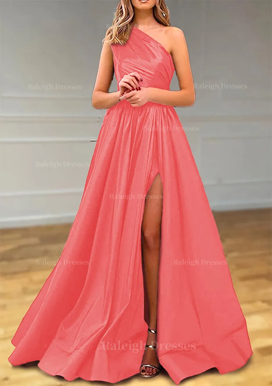 A-line One-Shoulder Satin Prom Dress With Pleated Split