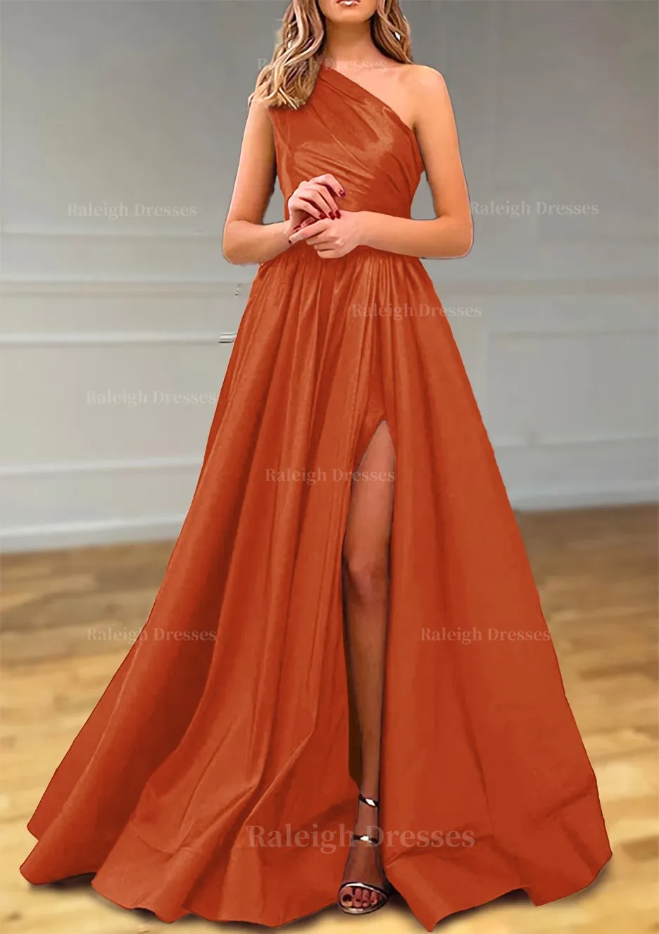 A-line One-Shoulder Satin Prom Dress With Pleated Split