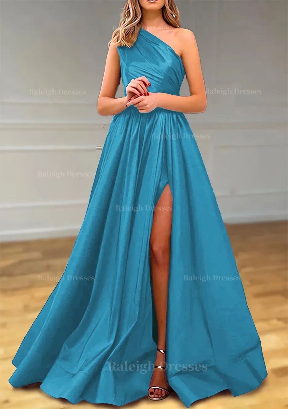 A-line One-Shoulder Satin Prom Dress With Pleated Split