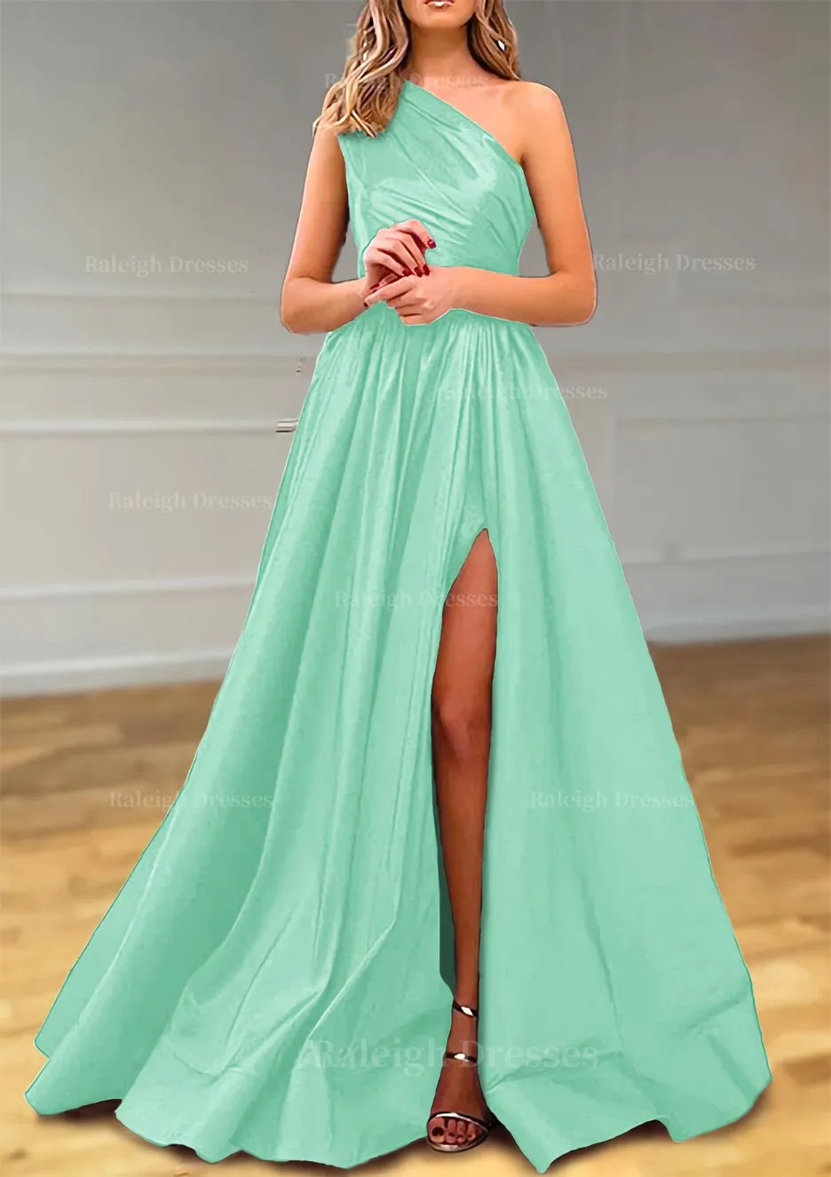A-line One-Shoulder Satin Prom Dress With Pleated Split
