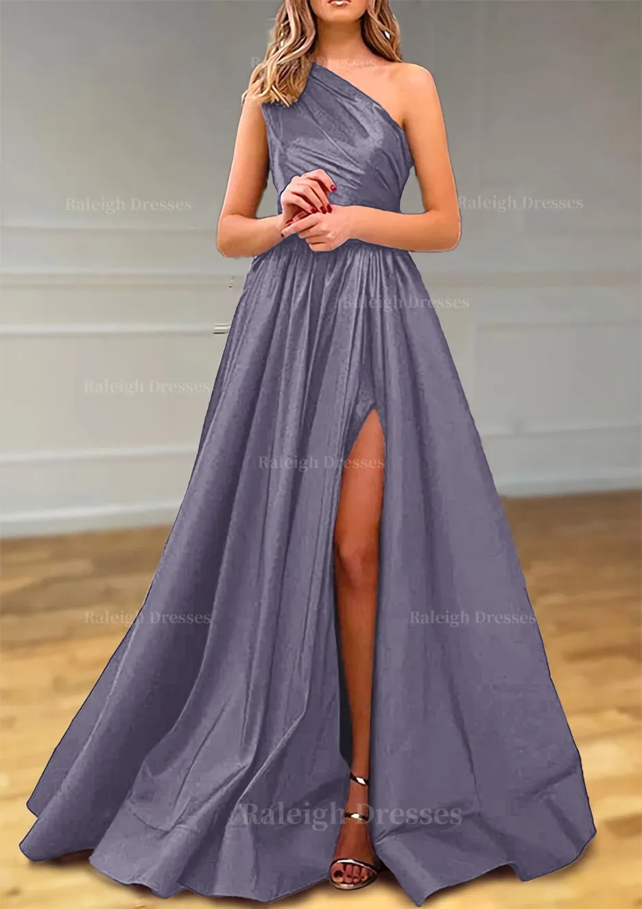 A-line One-Shoulder Satin Prom Dress With Pleated Split