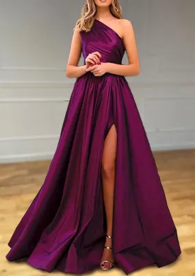 A-line One-Shoulder Satin Prom Dress With Pleated Split