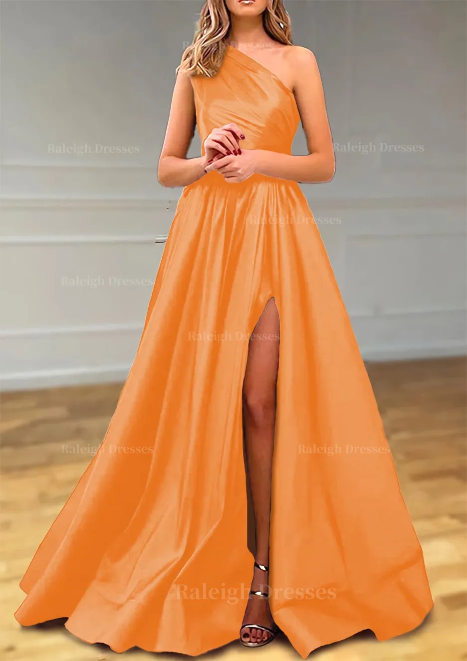 A-line One-Shoulder Satin Prom Dress With Pleated Split