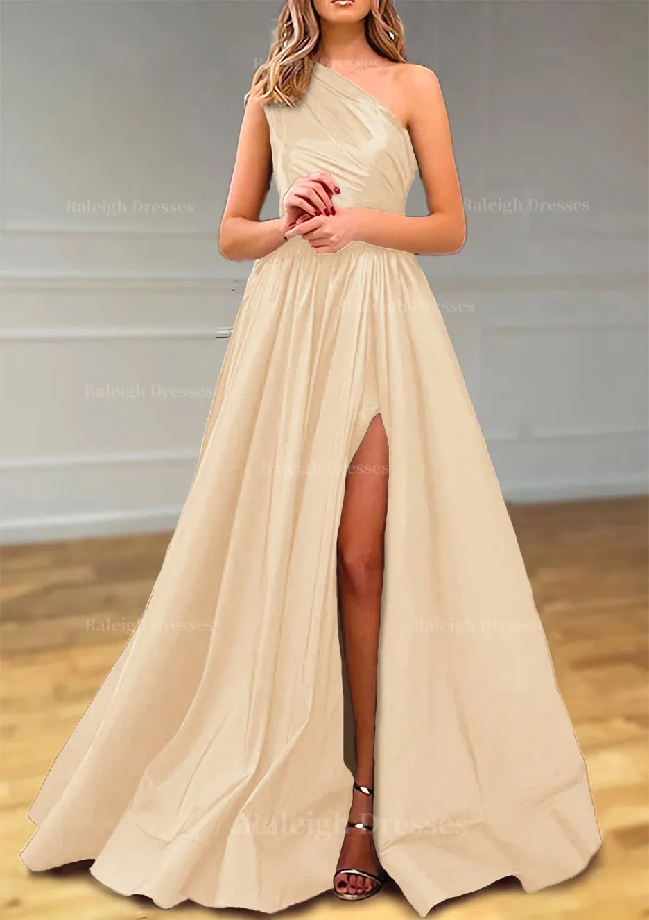 A-line One-Shoulder Satin Prom Dress With Pleated Split