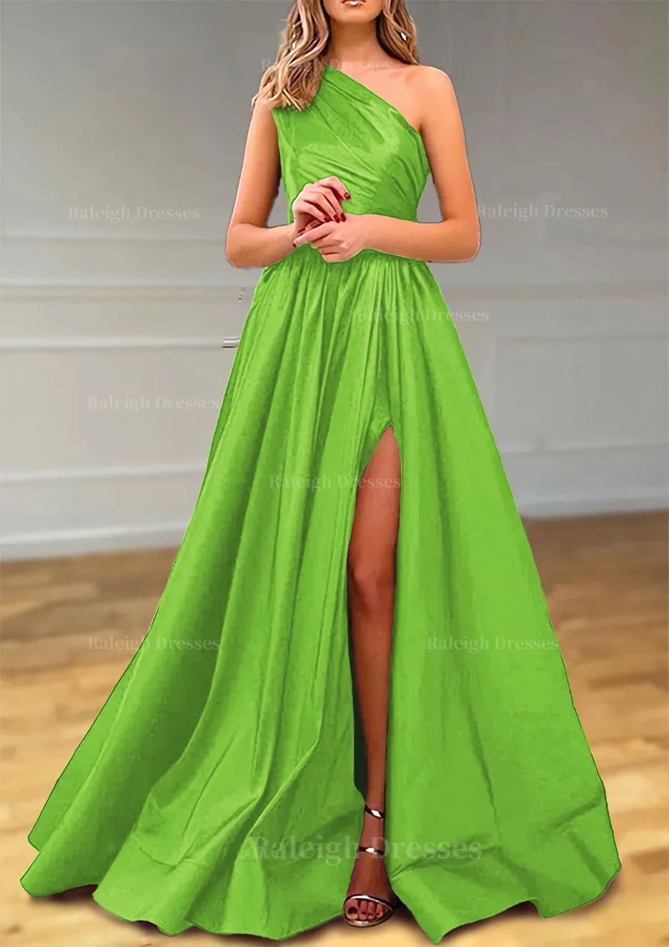 A-line One-Shoulder Satin Prom Dress With Pleated Split