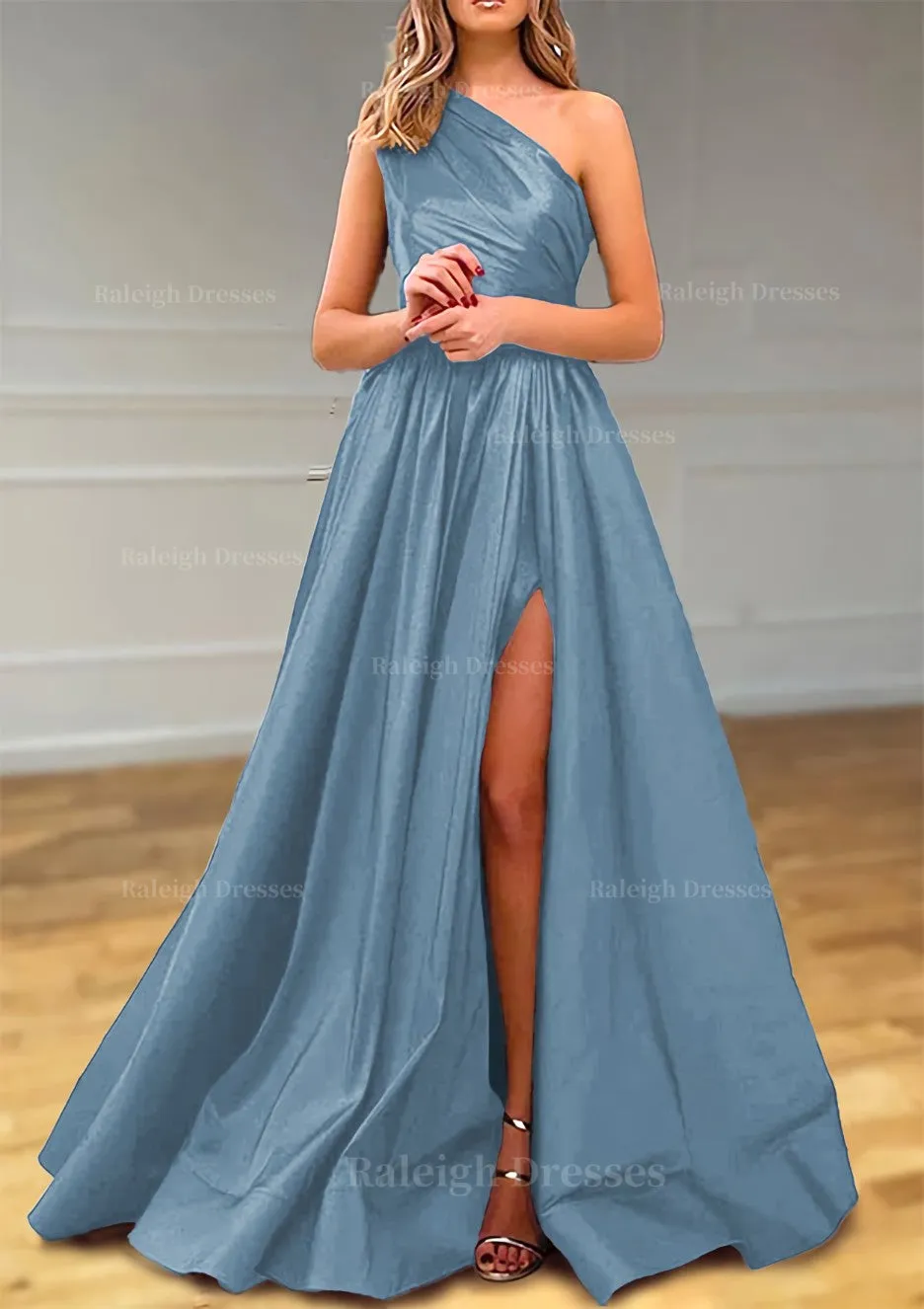 A-line One-Shoulder Satin Prom Dress With Pleated Split