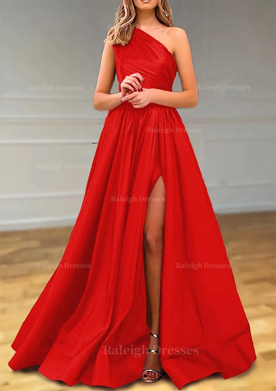 A-line One-Shoulder Satin Prom Dress With Pleated Split