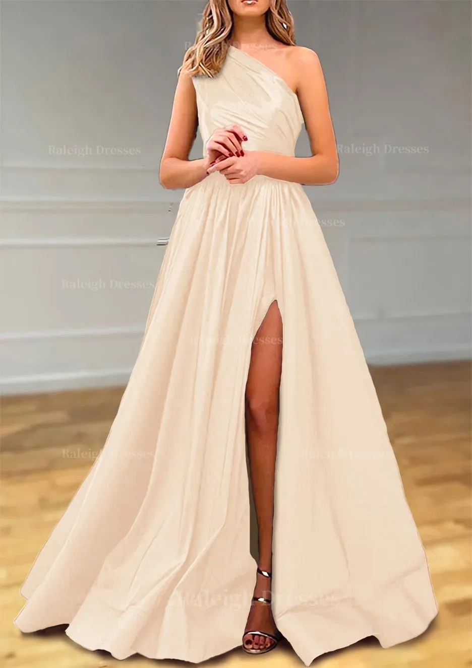 A-line One-Shoulder Satin Prom Dress With Pleated Split