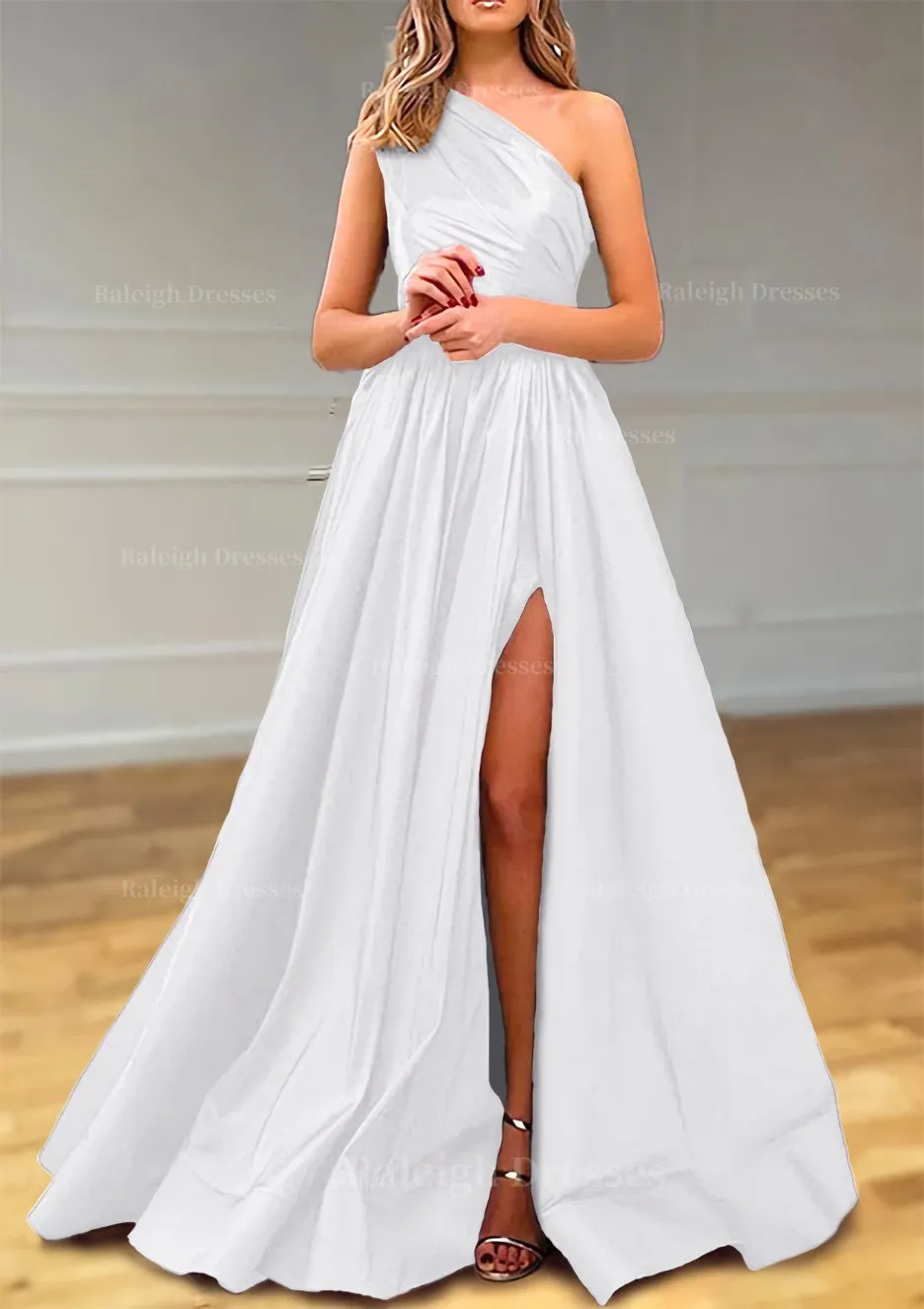 A-line One-Shoulder Satin Prom Dress With Pleated Split