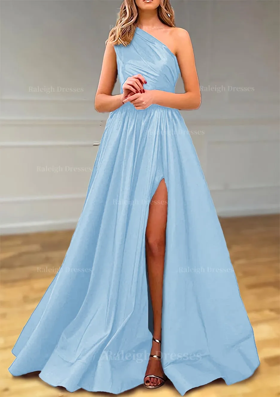 A-line One-Shoulder Satin Prom Dress With Pleated Split
