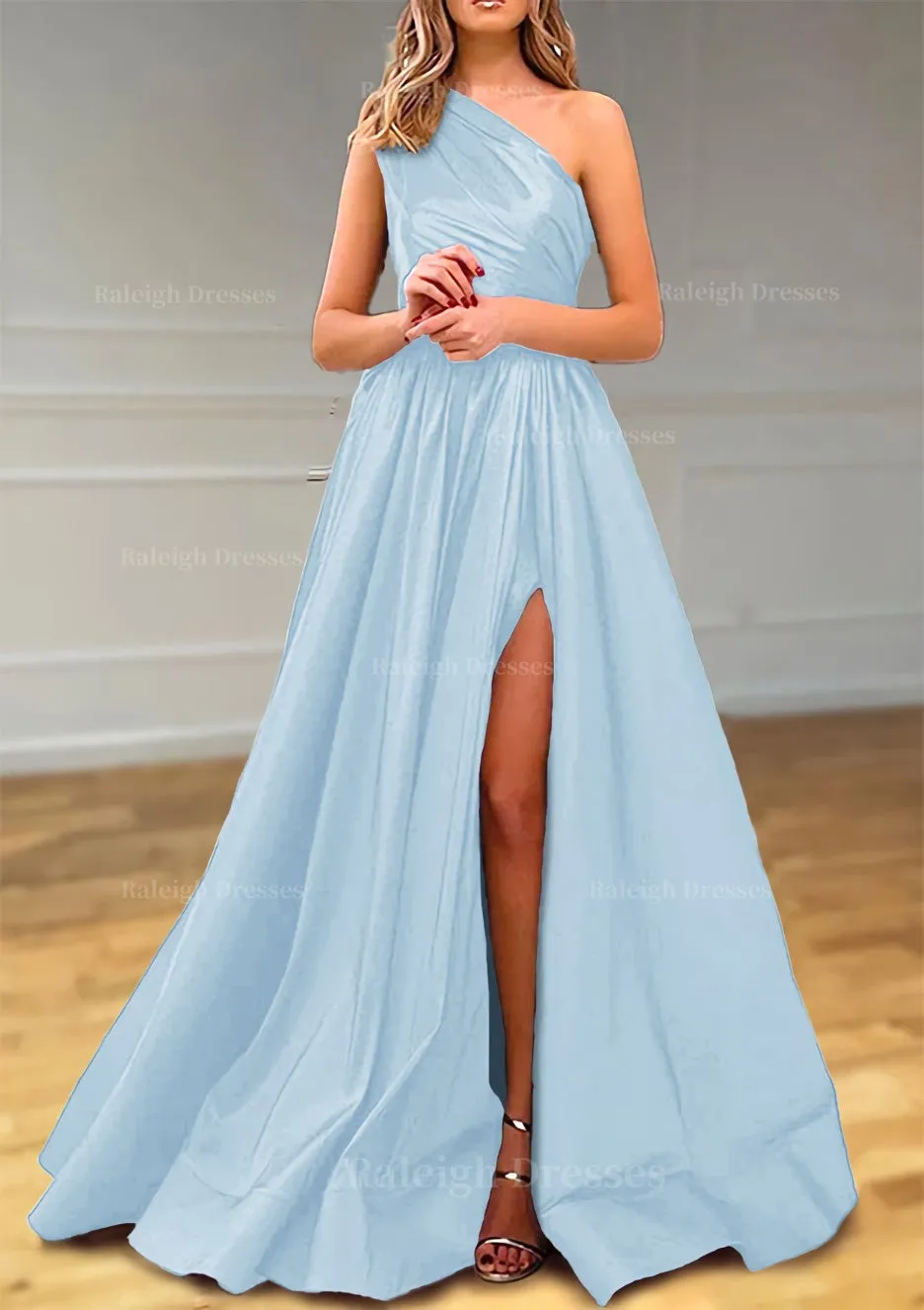 A-line One-Shoulder Satin Prom Dress With Pleated Split