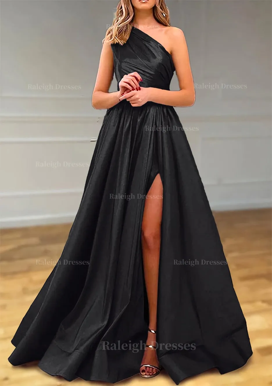 A-line One-Shoulder Satin Prom Dress With Pleated Split