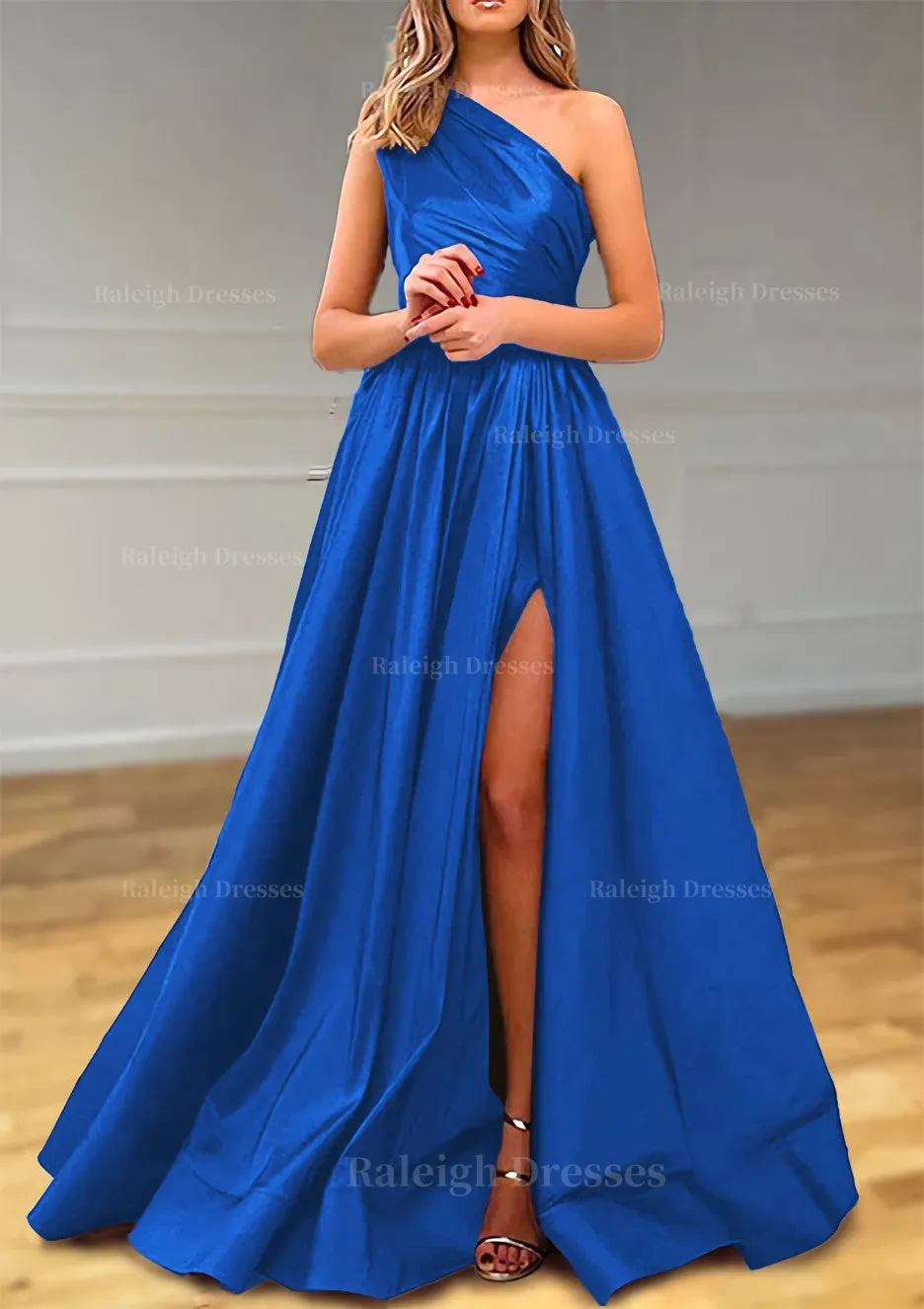A-line One-Shoulder Satin Prom Dress With Pleated Split