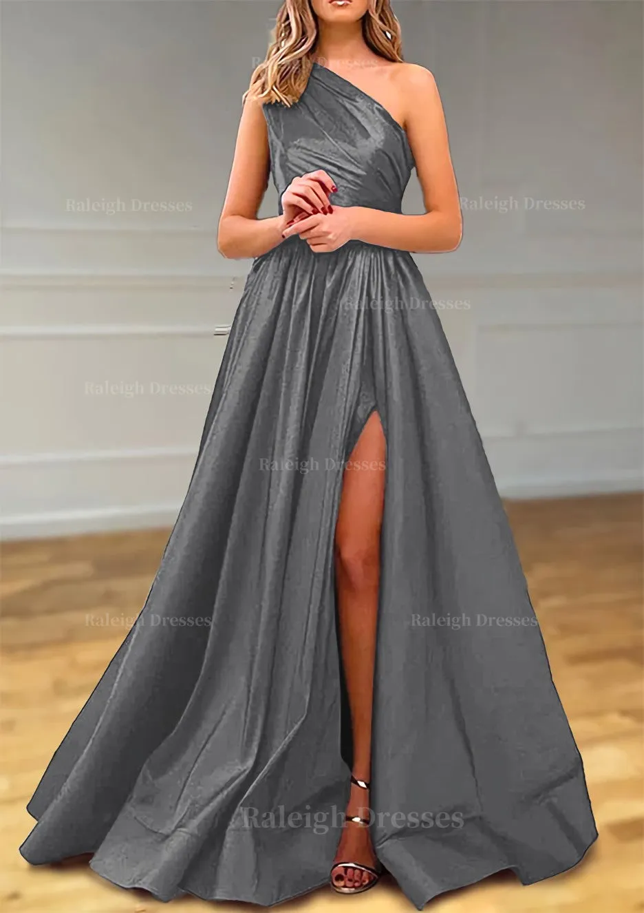 A-line One-Shoulder Satin Prom Dress With Pleated Split