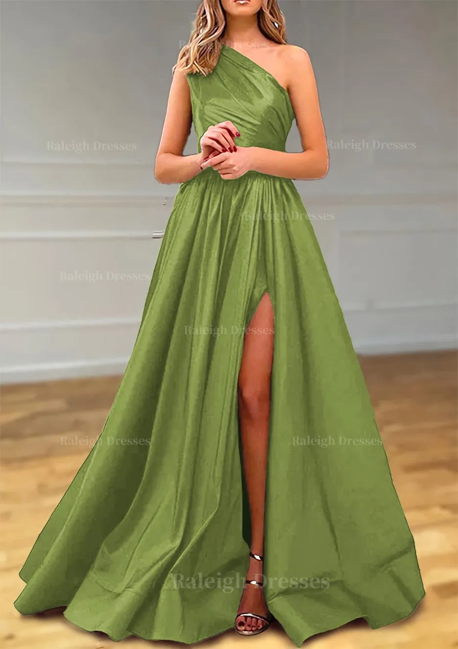 A-line One-Shoulder Satin Prom Dress With Pleated Split