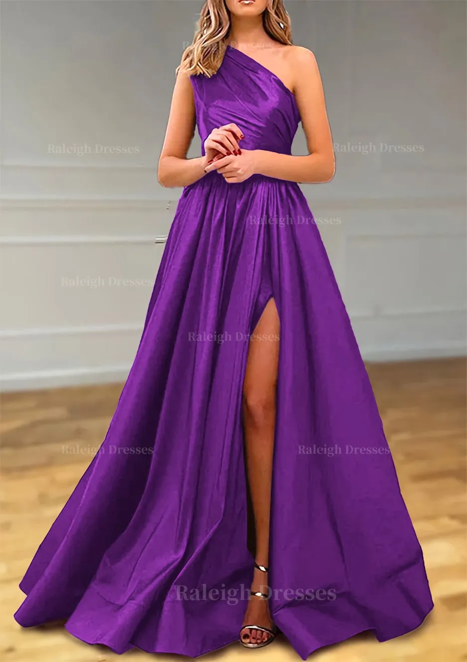A-line One-Shoulder Satin Prom Dress With Pleated Split