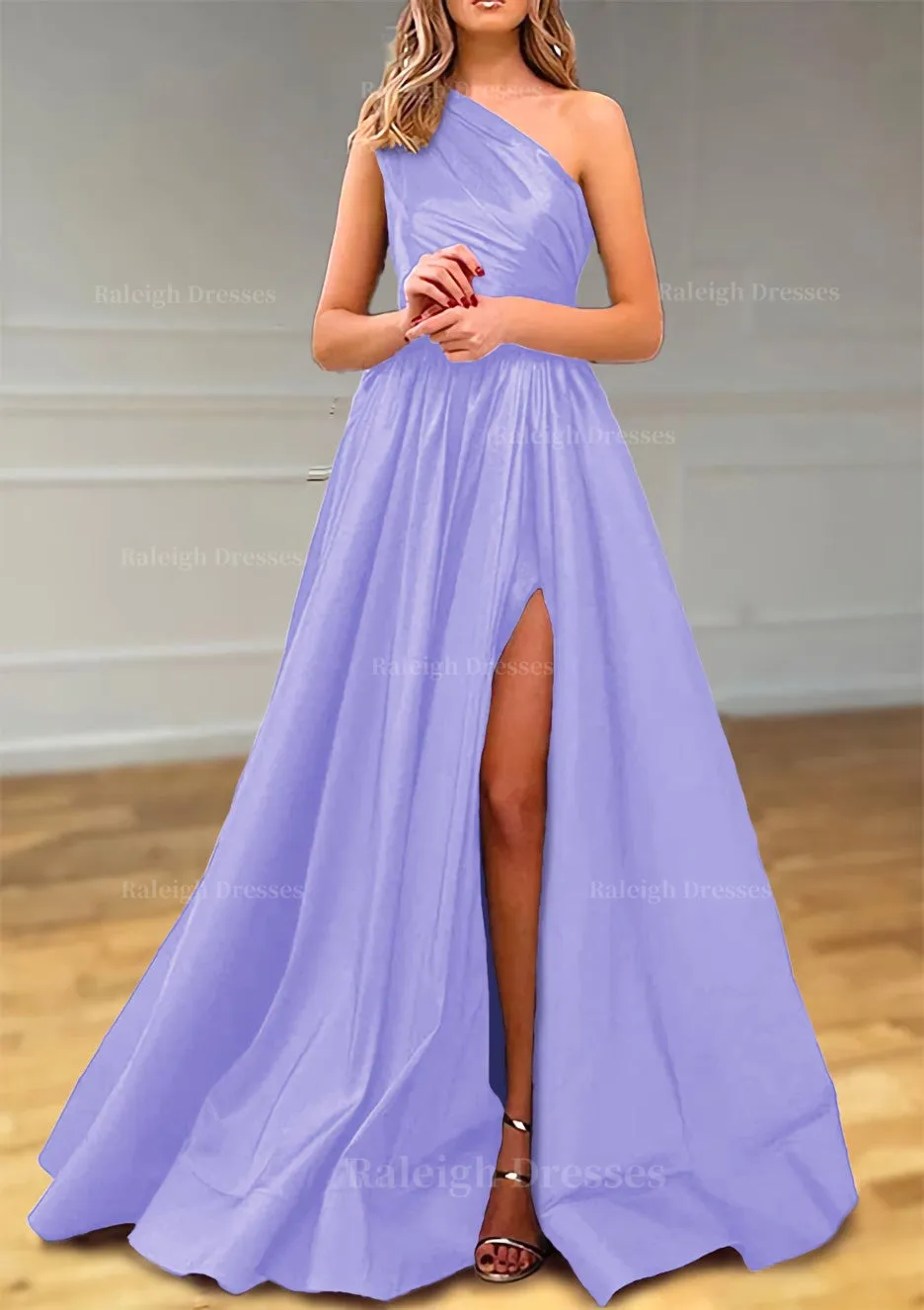 A-line One-Shoulder Satin Prom Dress With Pleated Split