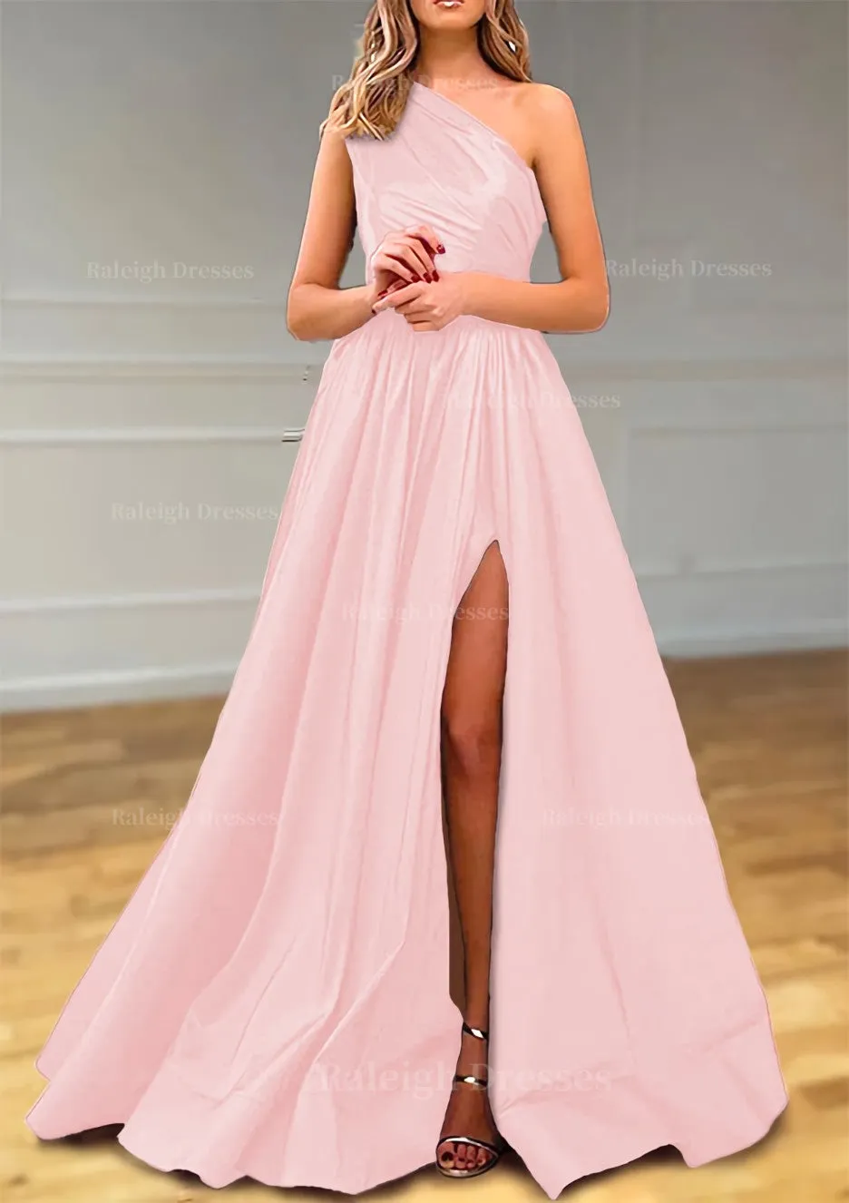 A-line One-Shoulder Satin Prom Dress With Pleated Split