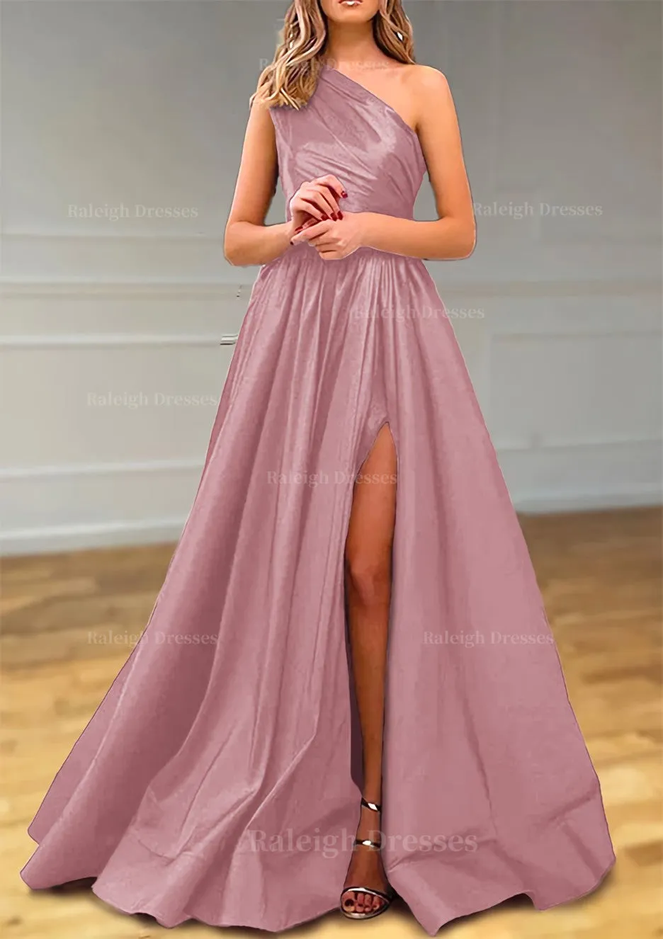 A-line One-Shoulder Satin Prom Dress With Pleated Split