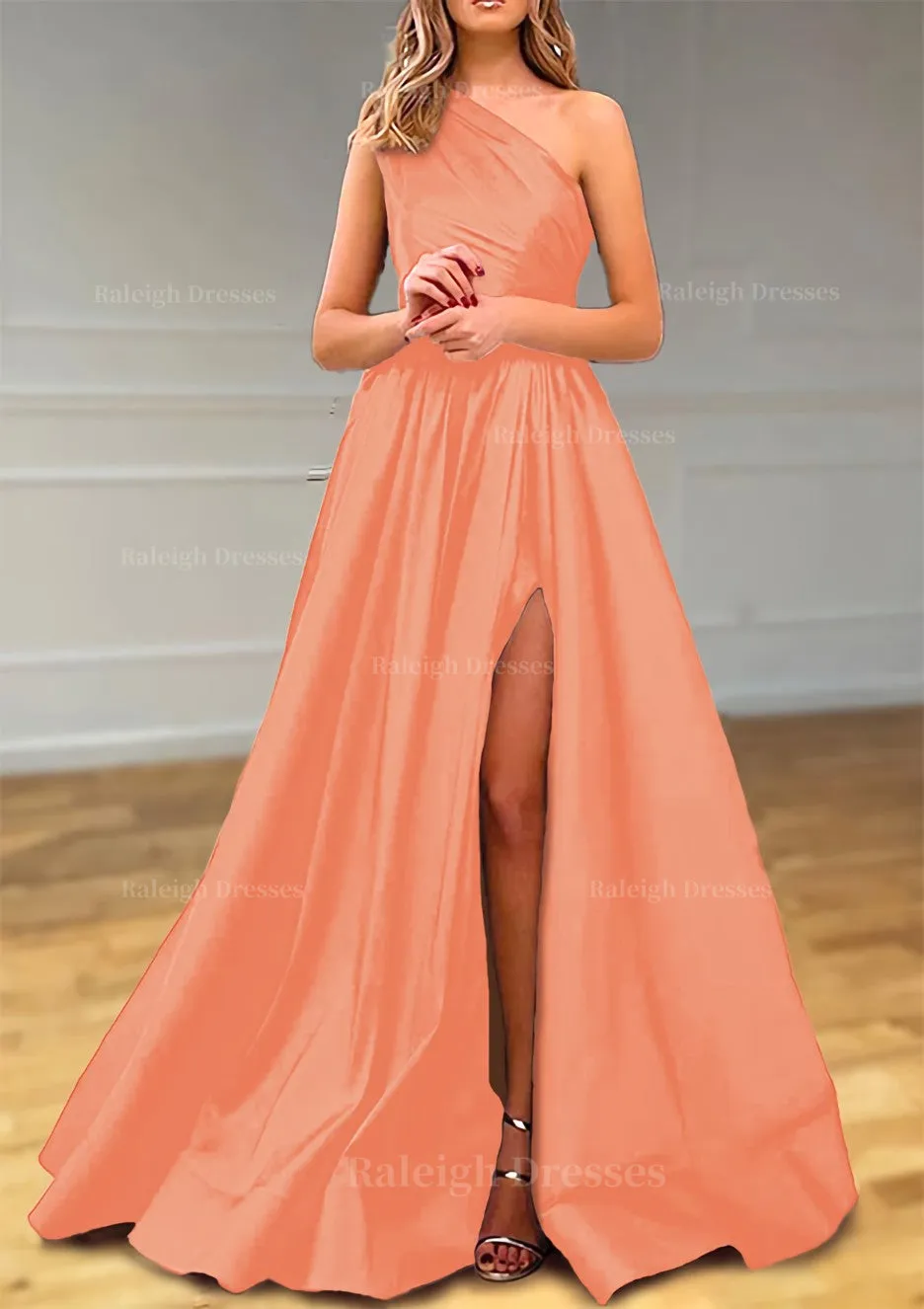 A-line One-Shoulder Satin Prom Dress With Pleated Split